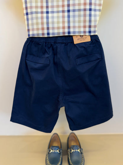 Conjunto Infantil Camisa Gola Padre Xadrez Fio Tinto e Bermuda Sarja Marinho - Um Mais Um