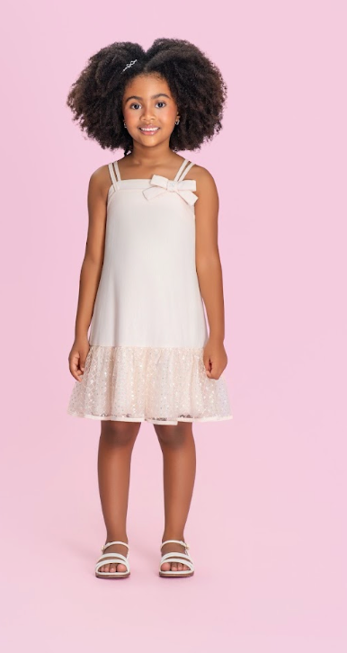 Vestido Infantil Com Laço e Barra Em Tule Bordado - Petit Cherie