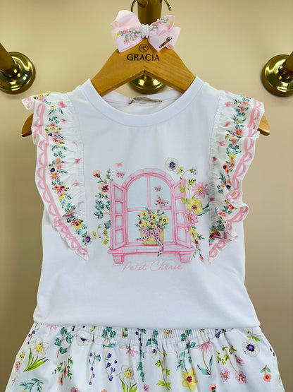 Conjunto Infantil Blusa Babadinho Florais e Shorts - Petit Cherie