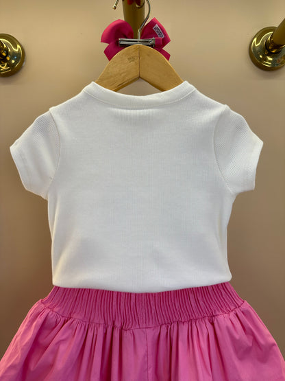 Conjunto Infantil Blusa Off Joia Coração e Saia Babado Rosa - Animê