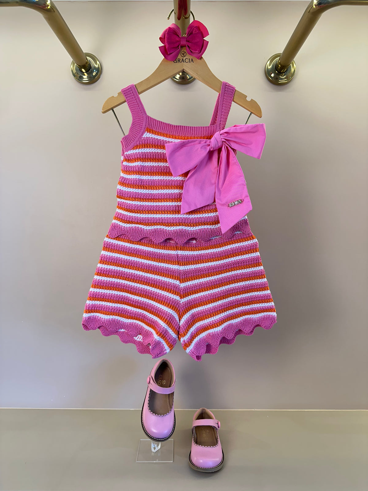 Conjunto Infantil Em Tricoline Listrado Blusa Laço Maxxi e Shorts Barra Andulada - Animê