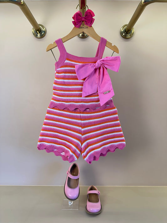 Conjunto Infantil Em Tricoline Listrado Blusa Laço Maxxi e Shorts Barra Andulada - Animê