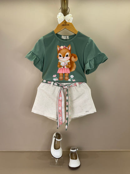 Conjunto Infantil Blusa Boxy Esquila de Lacinho e Shorts Verde Ultramarine - Infanti