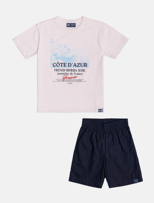 Conjunto Infantil Camisa Off White Côte D' Azur Bermuda Azul Marinho - Youccie