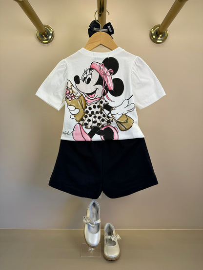 Conjunto Infantil T-Shirt Minnie Mouse Pingente e Shorts Saia Preto Laço Poá - Animê