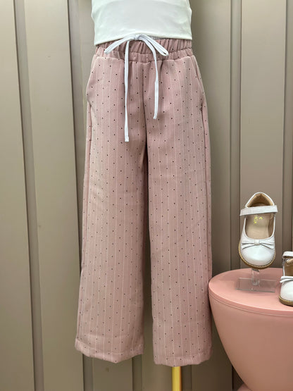 Conjunto Infantil Trio Blusa Lacinho, Casaqueto e Calça Alfaiataria Listrada Strass Rosé - Petit Cherie