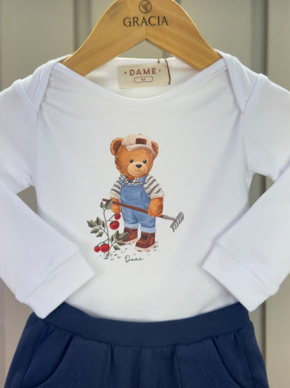 Conjunto Bebê Body Algodão Teddy Fazenda ML e Bermuda Moletom Algodão Profundo - Dame