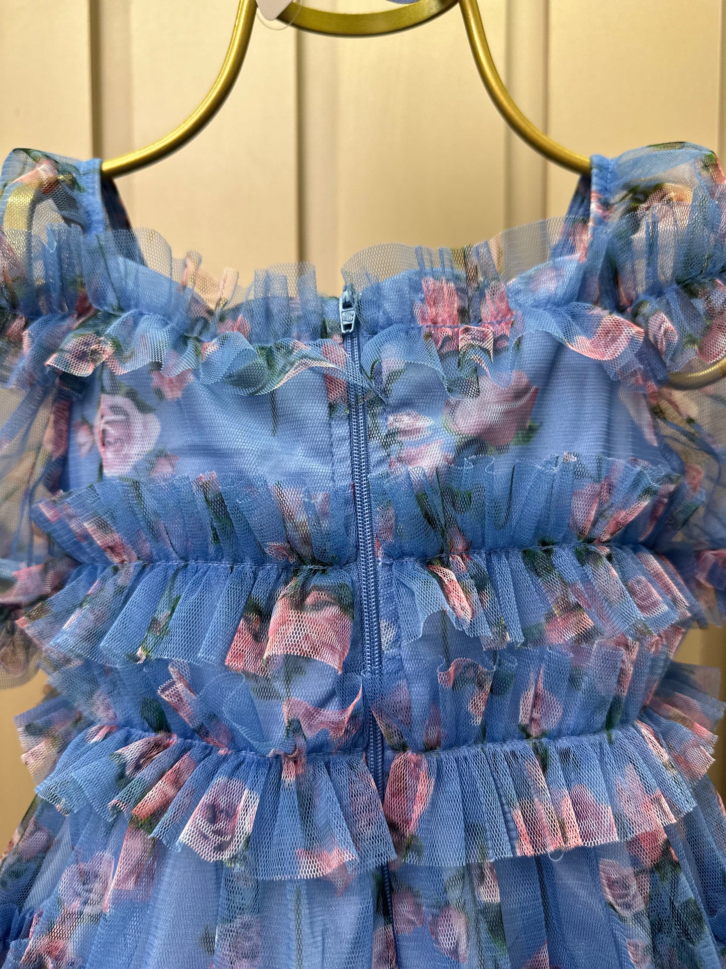 Vestido Infantil Midi Tule Floral Azul Babados - Luluzinha