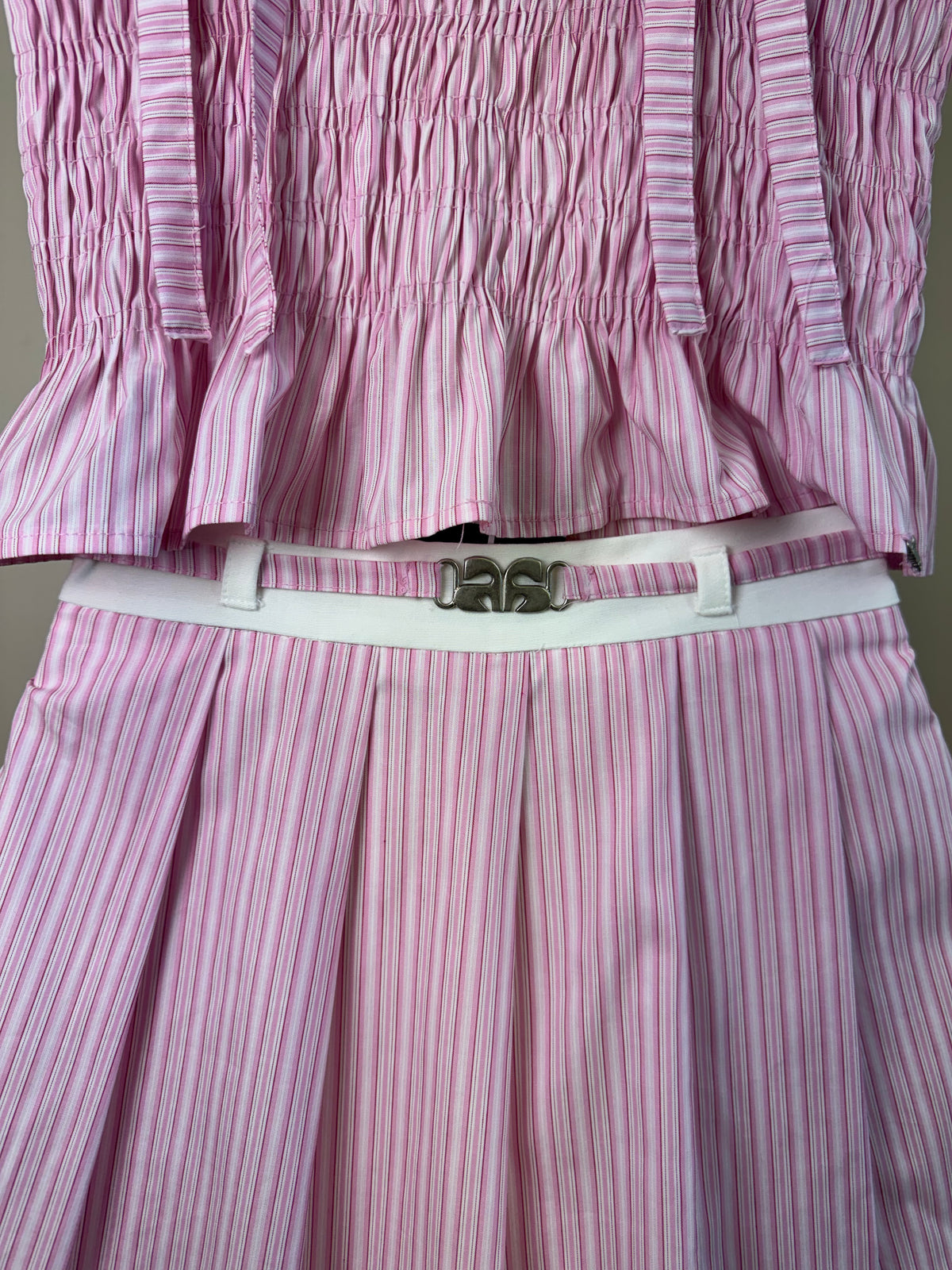 Conjunto Teen Blusa Cropped Franzido e Shorts Saia Rosa Listrado - Authoria