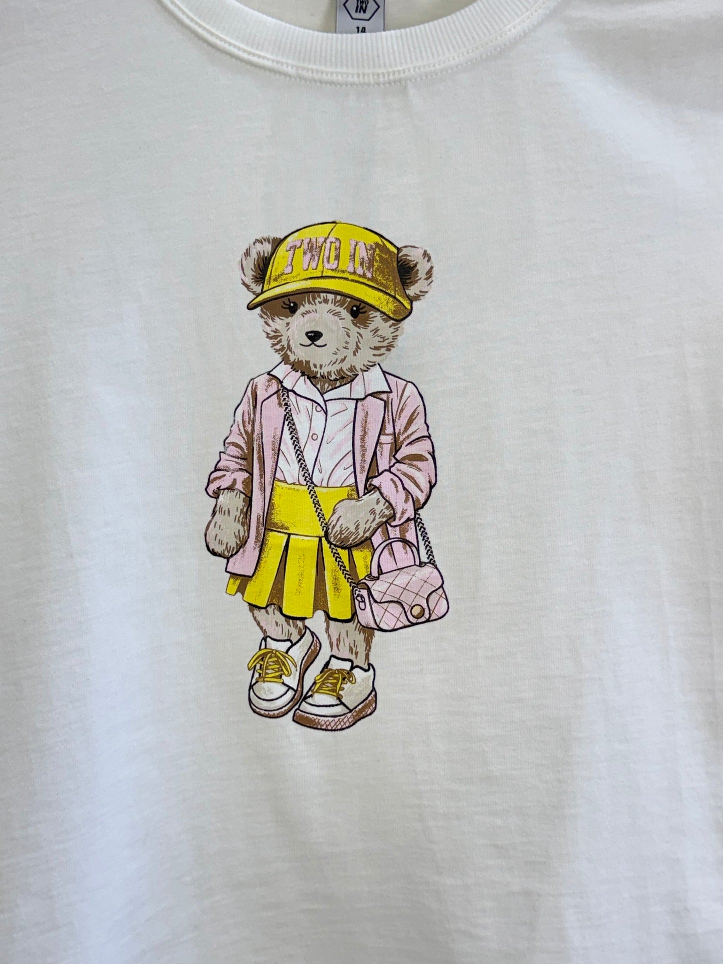 Camiseta Teen Baby Look Ursinho Amarração Mangas Off White - Two In