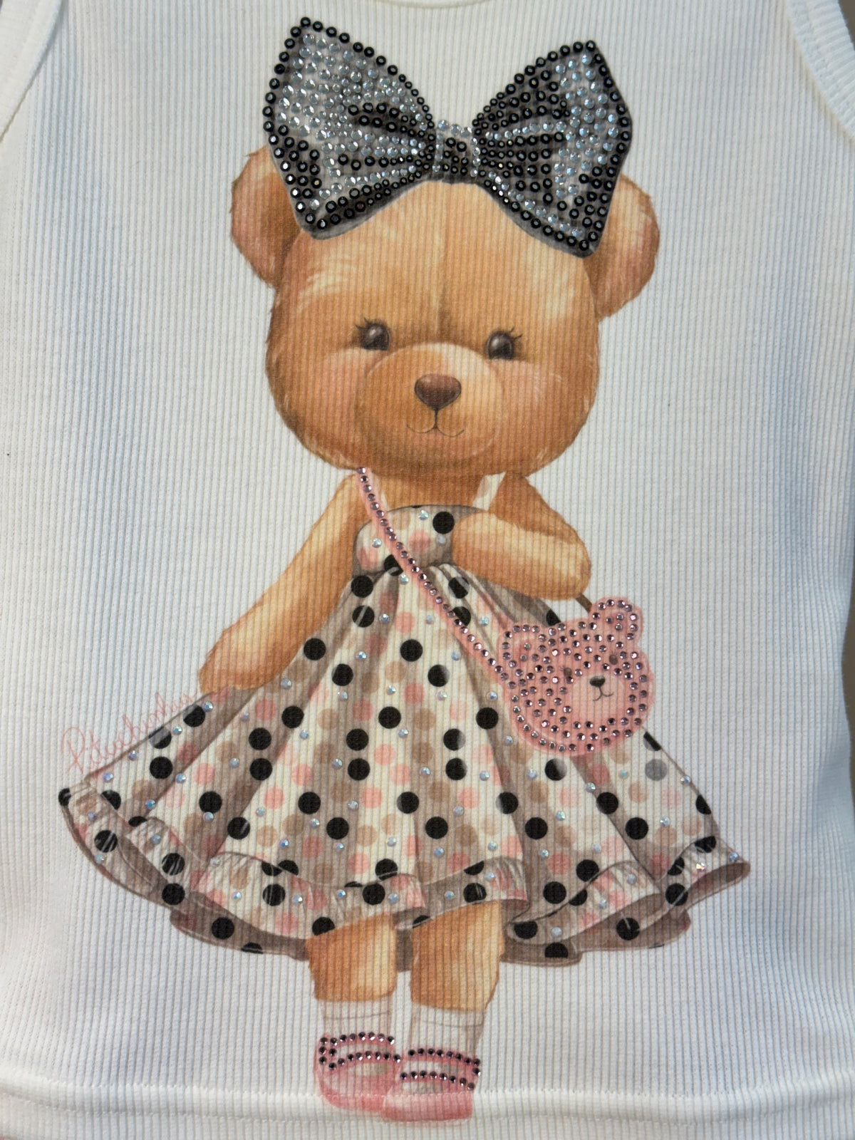Conjunto Infantil Regata Ursinha Vestido de Poá e Calça Infantil Baggy Sarja Estampa Poá Bolsos Com Laços - Pituchinhus