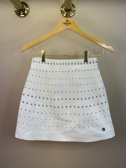 Conjunto Teen Colete de Sarja Strass e Saia-Shorts Teen Sarja Strass Off White - Two In