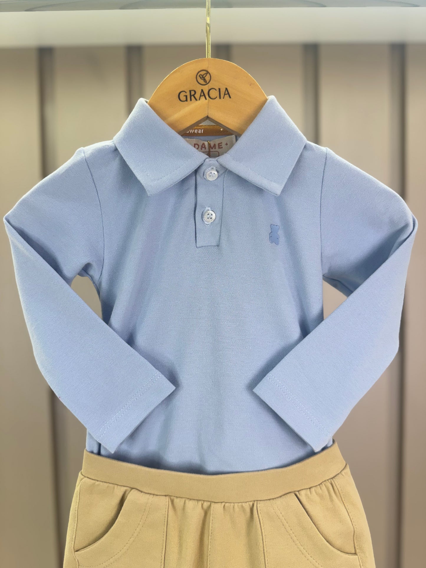 Conjunto Bebê Polo-Body Piquet Algodão ML Azul e Bermuda Moletom Algodão Bege - Dame