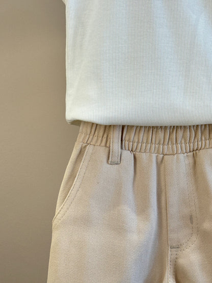 Conjunto Infantil Camiseta Off White Lacinho Tule e Calça Wide Leg Cargo Bege - Gabriela Aquarela