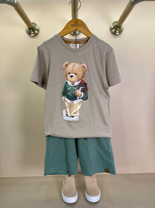 Conjunto Infantil Camiseta Teddy Estudante Gelo e Moletom Algodão Recortes Eucalipto - Dame