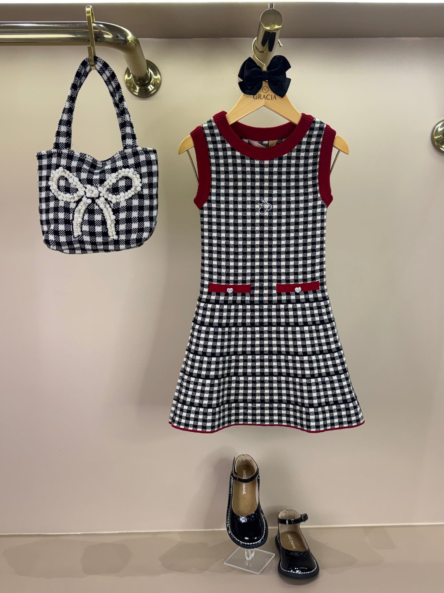 Vestido Infantil Tricot Xadrex Botão Jóia Coração - Pituchinhus