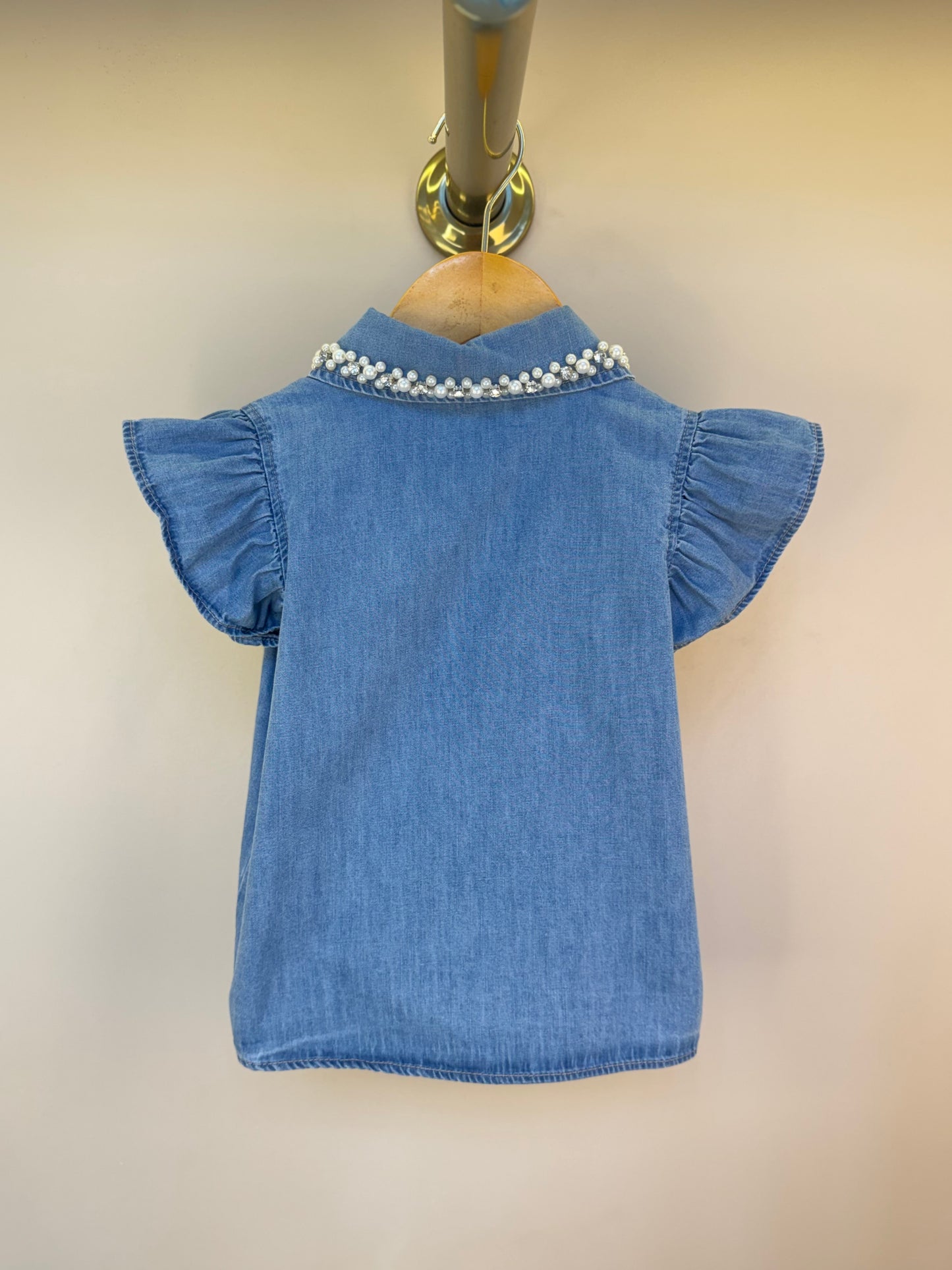 Camisa Infantil Jeans Gola Bordada Pérolas e Cristais - Pituchinhus