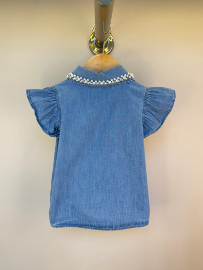 Camisa Infantil Jeans Gola Bordada Pérolas e Cristais - Pituchinhus