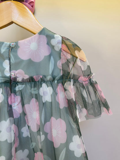 Vestido Infantil Trapézio Tule Estampado Flores - Mon Sucre