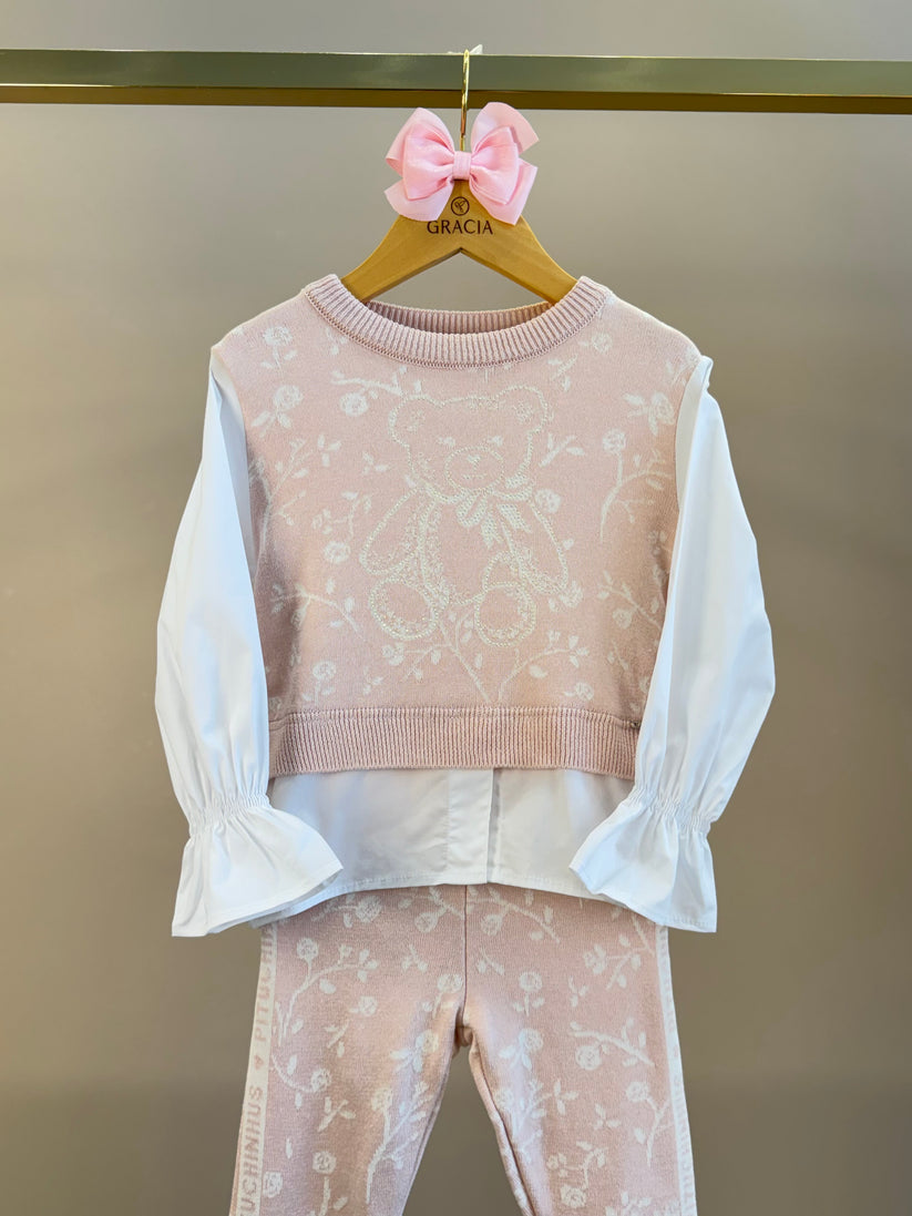 Blusa Infantil Tricot Floral Ursinho Algodão Rosa Mel - Pituchinhus
