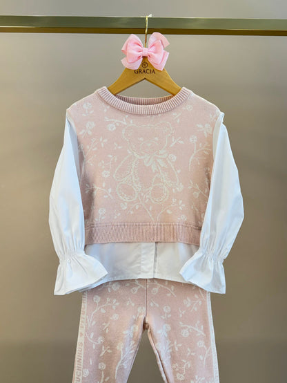 Blusa Infantil Tricot Floral Ursinho Algodão Rosa Mel - Pituchinhus