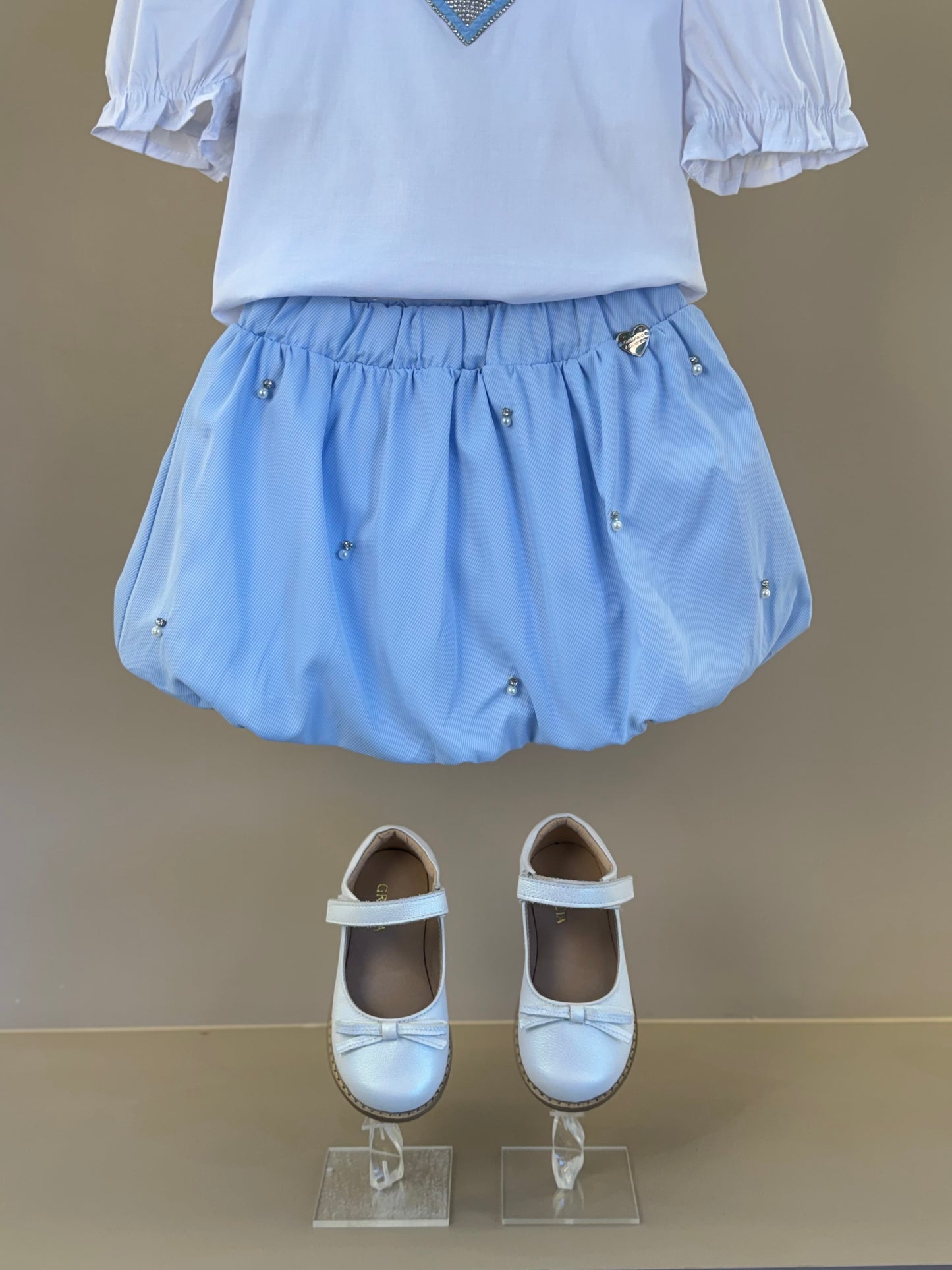 Conjunto Infantil Blusa MC com Coração Off White e Saia Bubble Azul Cristal - Gabriela Aquarela