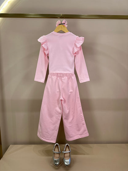 Conjunto Infantil ML Laço e Calça Wide Leg Lateral Glitter Rosa - Luluzinha