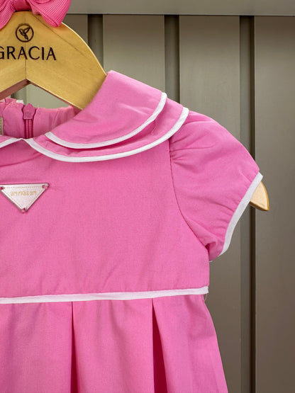 Vestido Bebê Algodão Com Calcinha E Gola Pregas Tricoline Pink - Um Mais Um