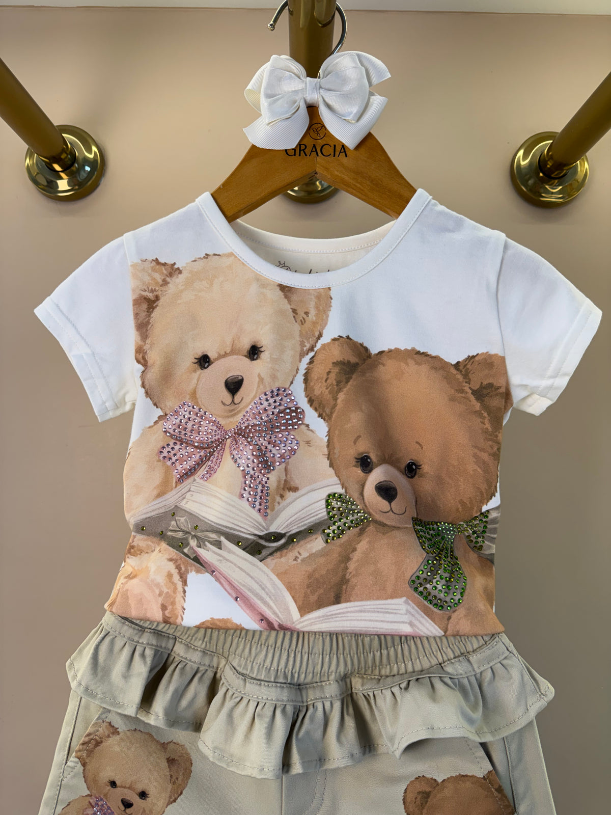 Blusa Infantil Cotton Ursinhas Laços de Cristais e Short Infantil Sarja Babados Ursinhos e Cristais - Pituchinhus