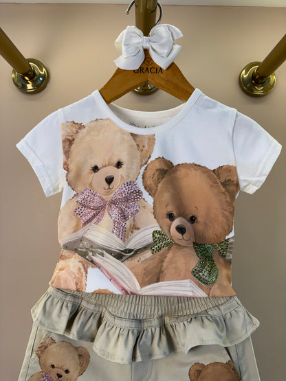 Blusa Infantil Cotton Ursinhas Laços de Cristais e Short Infantil Sarja Babados Ursinhos e Cristais - Pituchinhus