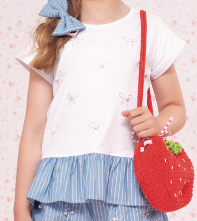 Blusa Infantil Algodão Branca Lacinho Cristais Babado Listrado - Pituchinhus