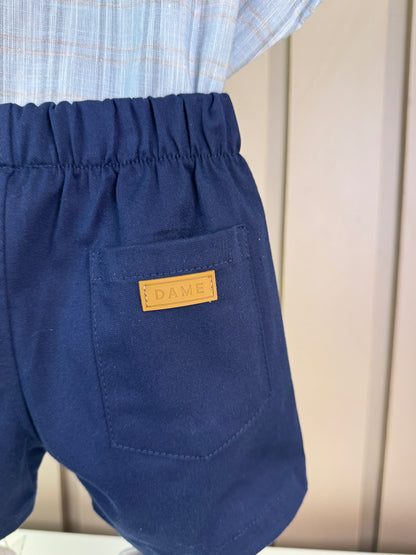 Conjunto Bebê Camisa-Body Algodão Xadrez ML Azul e Bermuda Social Marinho - Dame