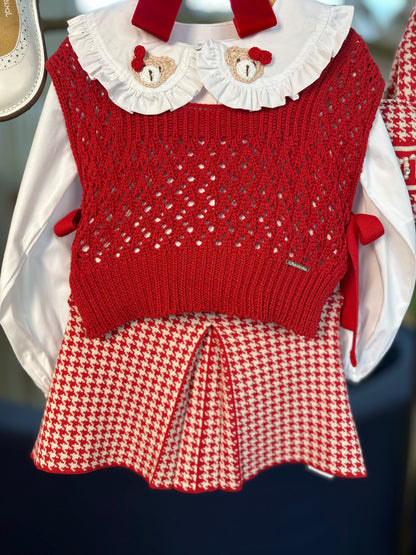 Conjunto Infantil Colete Ponto Rendado e Saia Tricot Pied Poule Prega - Pituchinhus