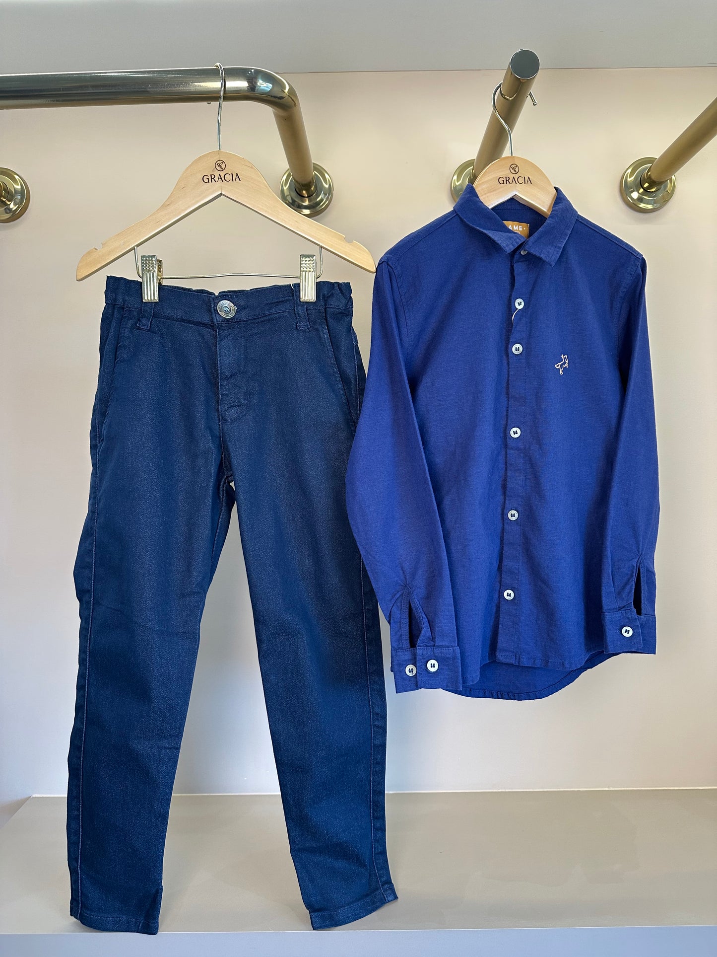 Conjunto Infantil Camisa de linho marinho e Calça social skinny de sarja - Dame