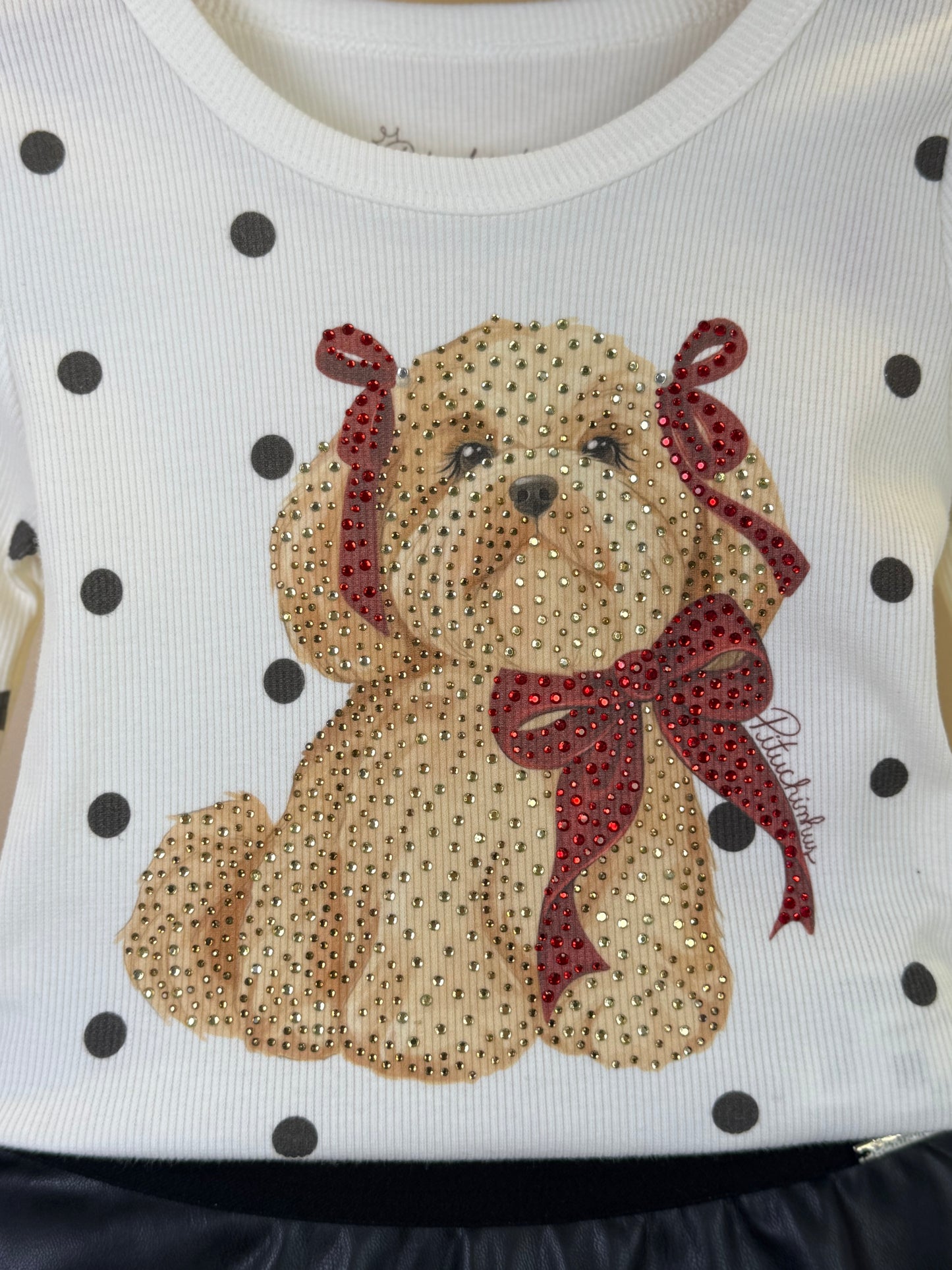 Conjunto Infantil Blusa ML Poás Cachorrinho Lacinhos Cristais e Saia Evasê Couro Tech Preta - Pituchinhus