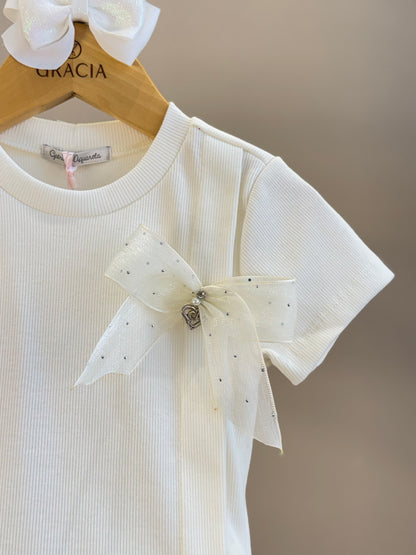 Conjunto Infantil Camiseta Off White Lacinho Tule e Calça Jogger Jeans Ursinho - Gabriela Aquarela