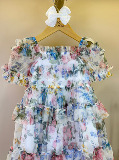 Vestido Infantil Midi Tule Floral com Babados - Luluzinha PRÉ-VENDA