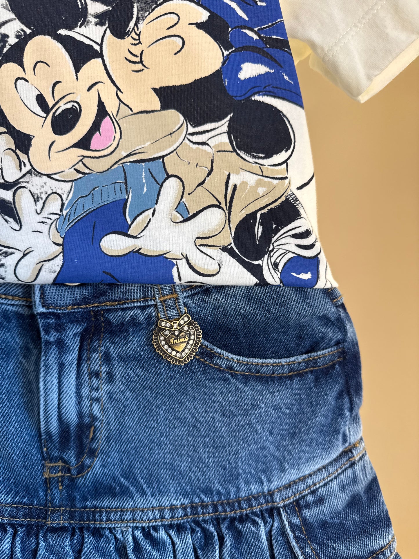 Conjunto Infantil Blusa Minnie & Mickey Lantejoulas e Saia Jeans Balonê Mini-Joia - Animê