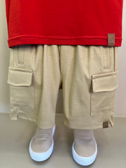 Conjunto Infantil Camiseta Teddy Pipoca e Bermuda Bolsos Cargo Bege - Dame