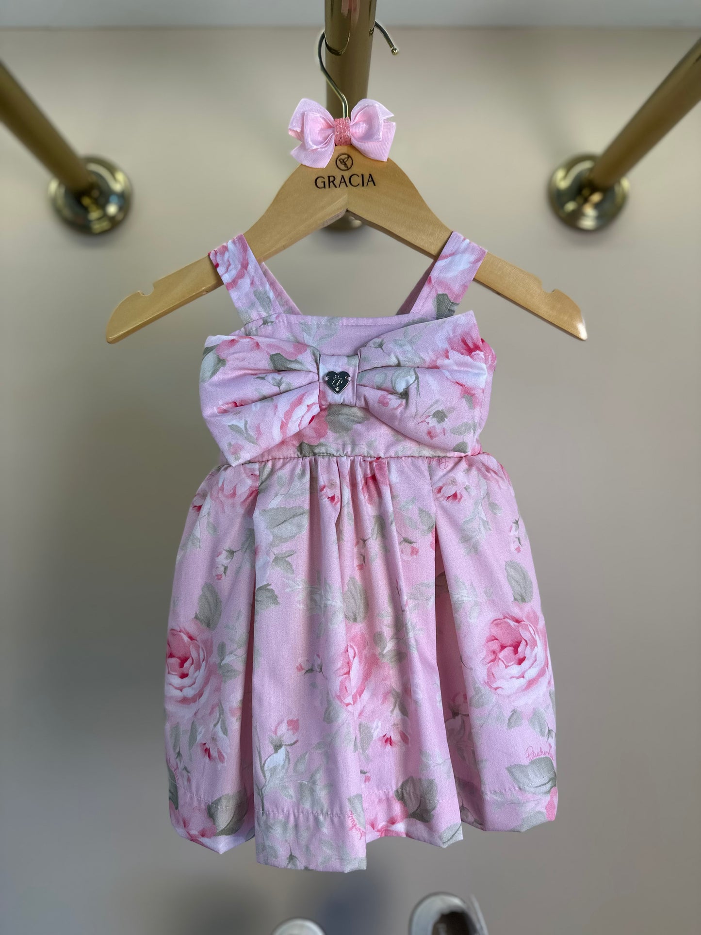Vestido Bebê Algodão Laço Puffer com Calcinha Maxi Rosas - Pituchinhus