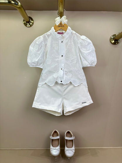 Conjunto Infantil Camisa Laise 3D com Barrado e Shorts Alfaiataria - Luluzinha