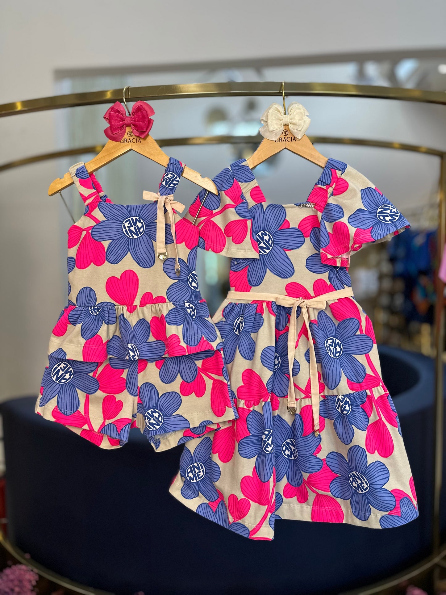 Vestido Infantil Mangas Amplas Flores Azuis - Animê