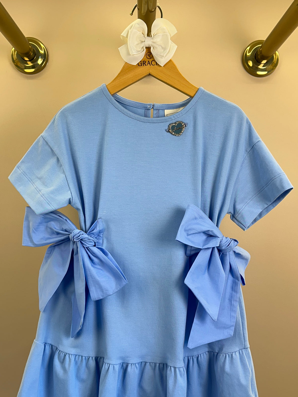 Vestido Infantil Azul Claro Laços Laterais Babado Na Barra - Animê