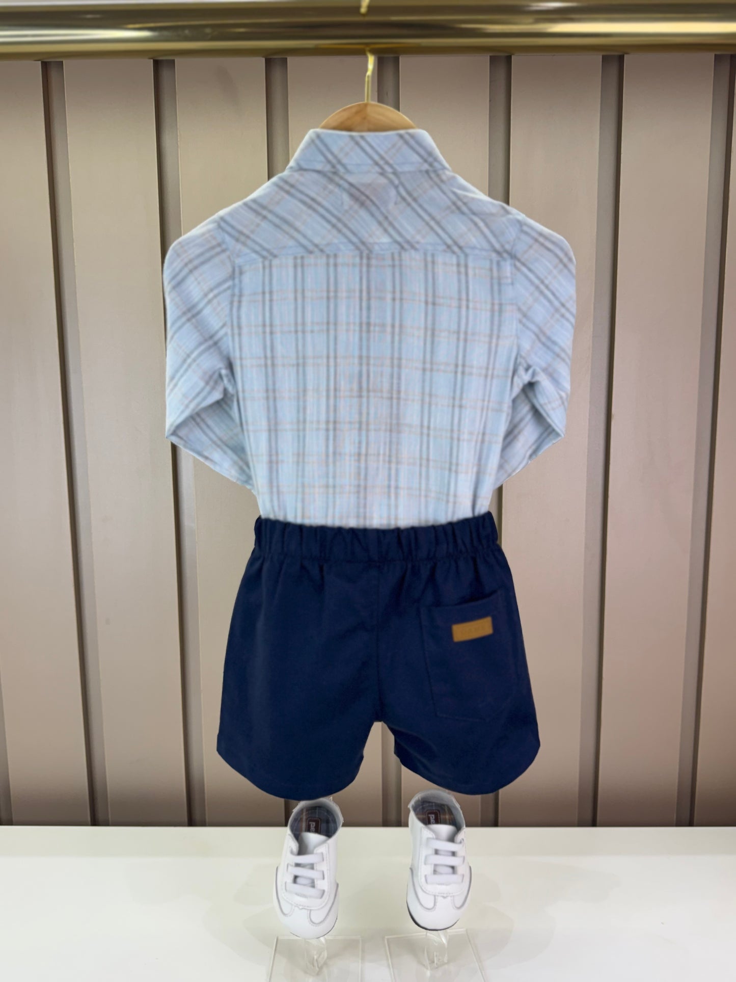 Conjunto Bebê Camisa-Body Algodão Xadrez ML Azul e Bermuda Social Marinho - Dame