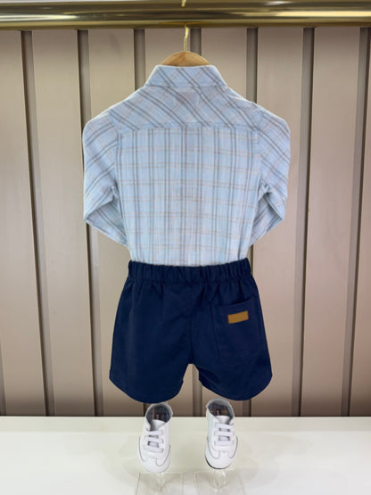 Conjunto Bebê Camisa-Body Algodão Xadrez ML Azul e Bermuda Social Marinho - Dame