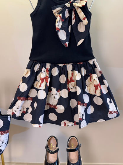 Conjunto Infantil Regata Maxi Laço e Saia e Algodão Cachorrinhos & Lacinhos Preto - Pituchinhus