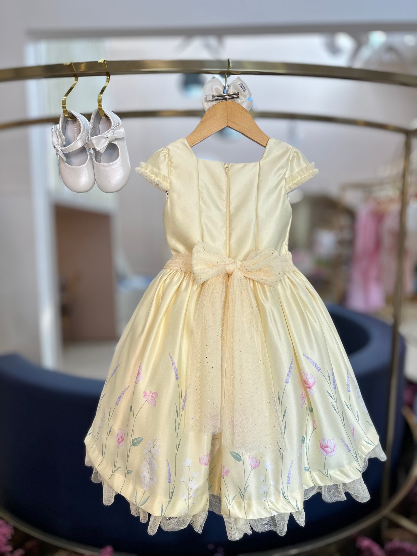 Vestido Infantil Festa Tule Flores Amarelo - Petit Cherie