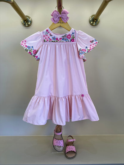 Vestido Infantil Trapézio Flores e Babado Rosa - Mon Sucré
