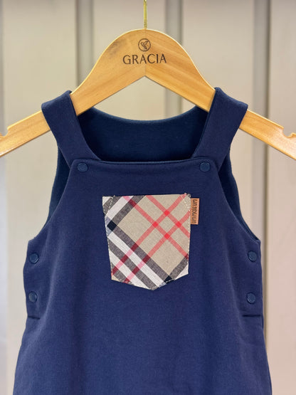 Romper Bebê Moletinho Fofinho Bolso Xadrez Marinho - Um Mais Um