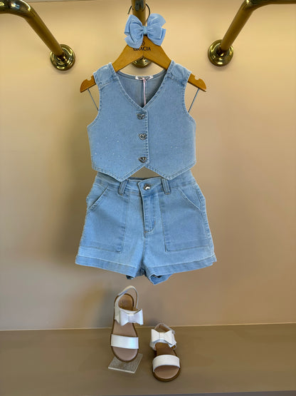 Conjunto Infantil Jeans Colete Brilho e Shorts - Gabriela Aquarela